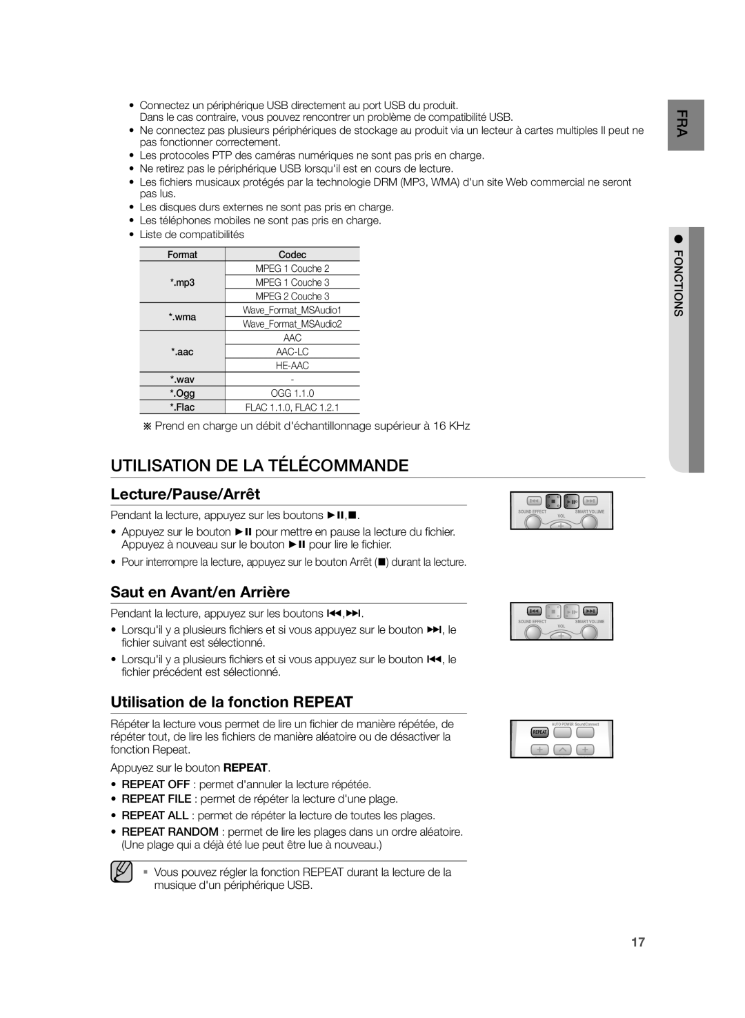 Samsung HW-H355/EN, HW-H355/XN manual Utilisation DE LA Télécommande, Lecture/Pause/Arrêt, Saut en Avant/en Arrière 