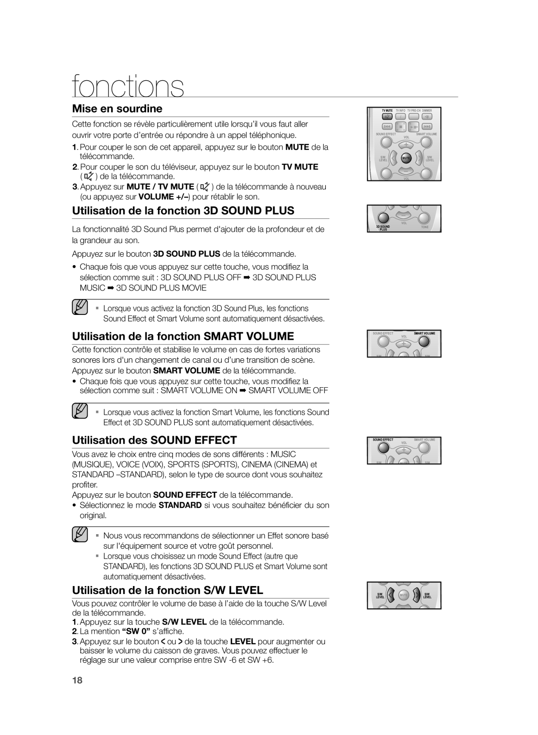 Samsung HW-H355/XN Mise en sourdine, Utilisation de la fonction 3D Sound Plus, Utilisation de la fonction Smart Volume 