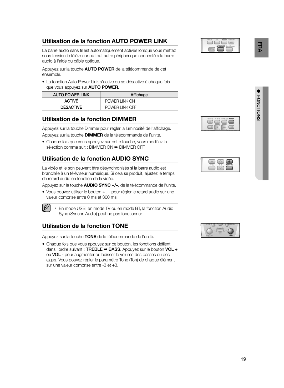 Samsung HW-H355/EN, HW-H355/XN manual Utilisation de la fonction Auto Power Link, Utilisation de la fonction Dimmer 