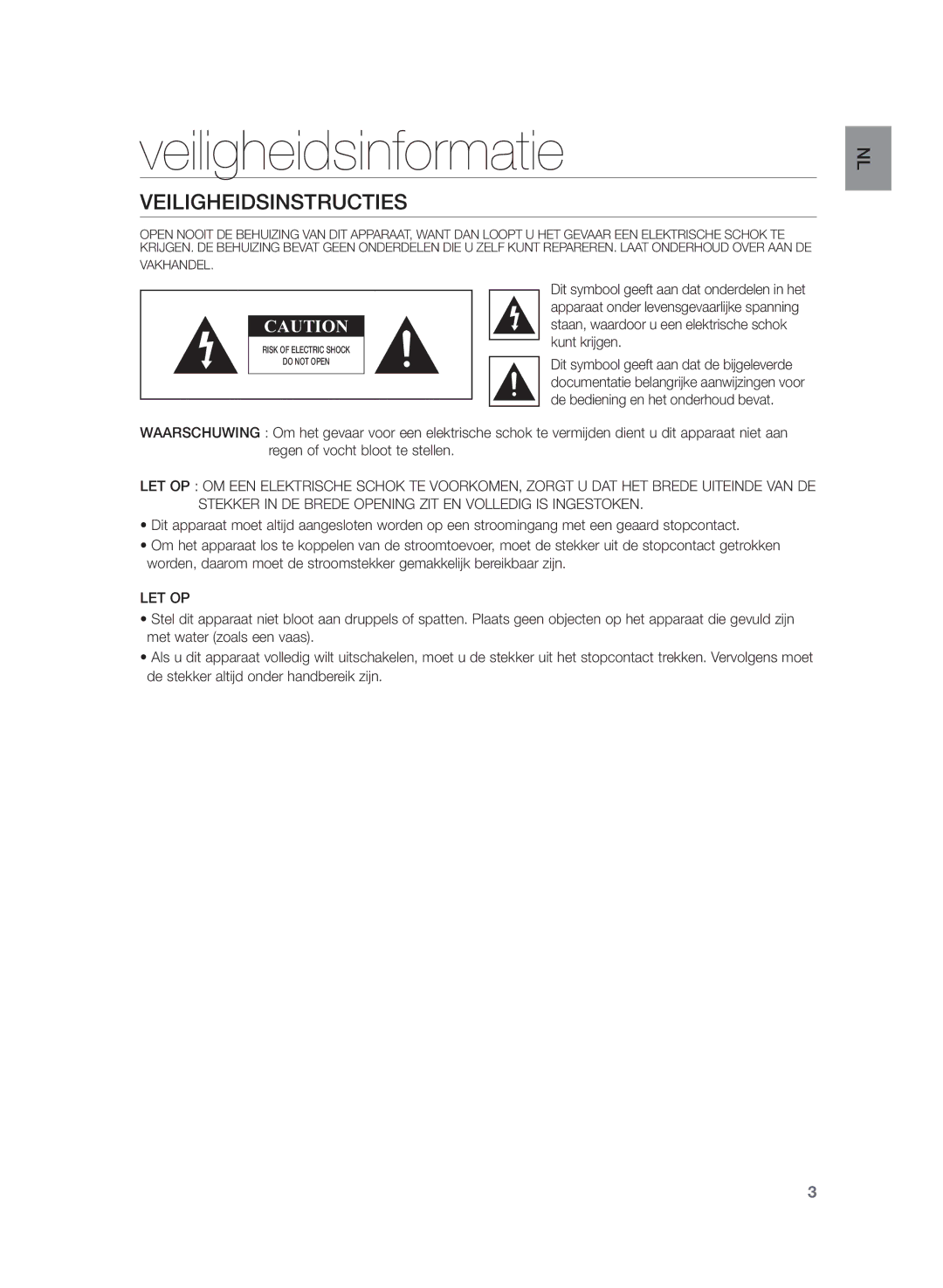 Samsung HW-H355/XN, HW-H355/EN manual Veiligheidsinformatie, Veiligheidsinstructies, Let Op 