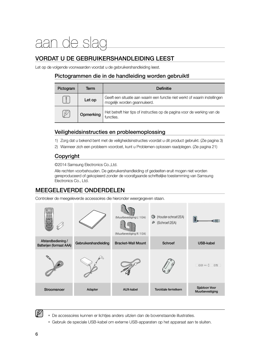 Samsung HW-H355/EN, HW-H355/XN manual Aan de slag, Vordat U DE Gebruikershandleiding Leest, Meegeleverde Onderdelen 