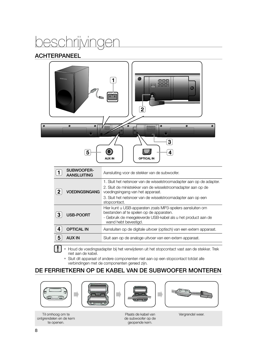 Samsung HW-H355/EN, HW-H355/XN manual Achterpaneel, DE Ferrietkern OP DE Kabel VAN DE Subwoofer Monteren 