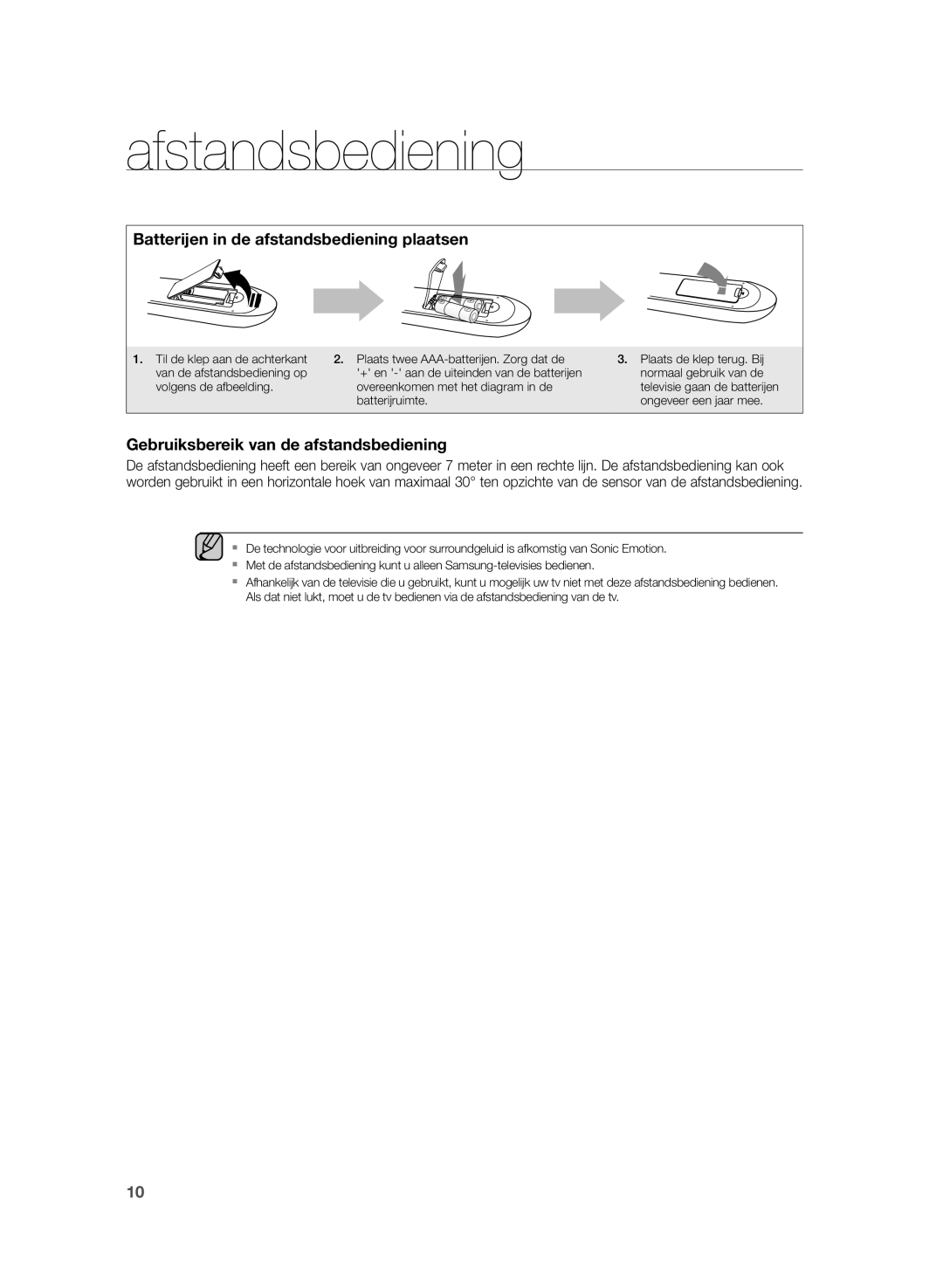 Samsung HW-H355/EN, HW-H355/XN manual Batterijen in de afstandsbediening plaatsen 