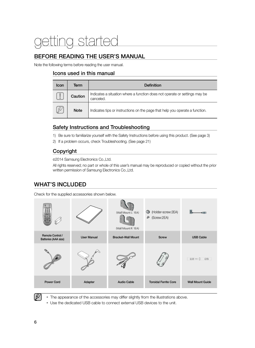 Samsung HW-H355/EN, HW-H355/XN manual Getting started, Before Reading the USER’S Manual, WHAT’S Included 