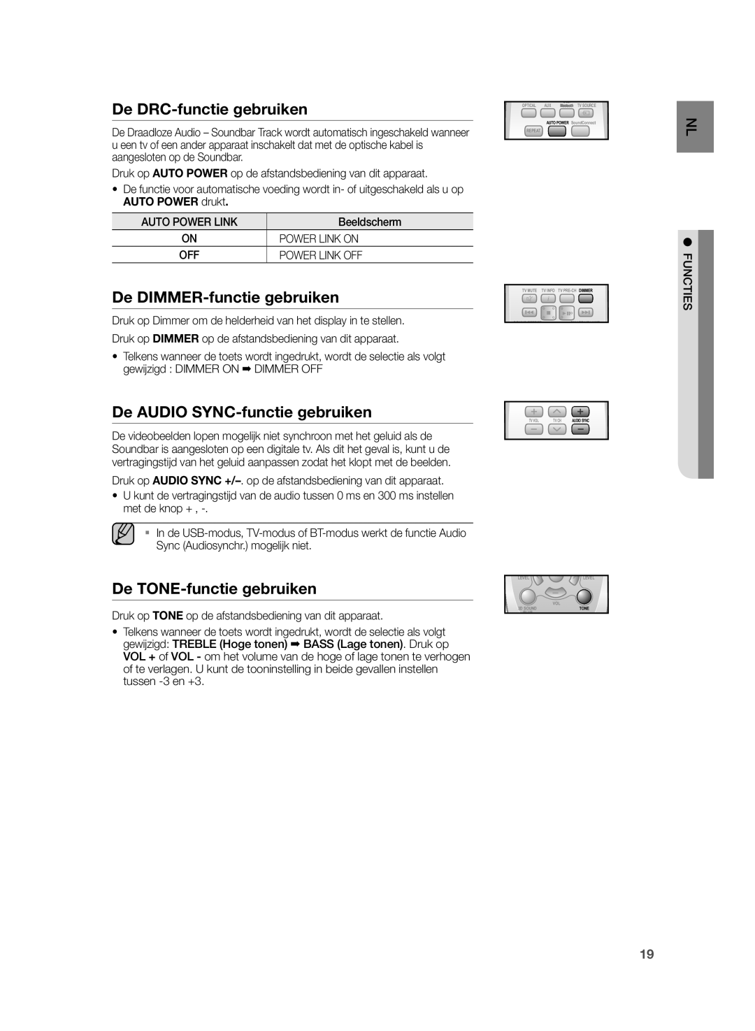 Samsung HW-H355/XN, HW-H355/EN manual De DRC-functie gebruiken, De DIMMER-functie gebruiken, De Audio SYNC-functie gebruiken 