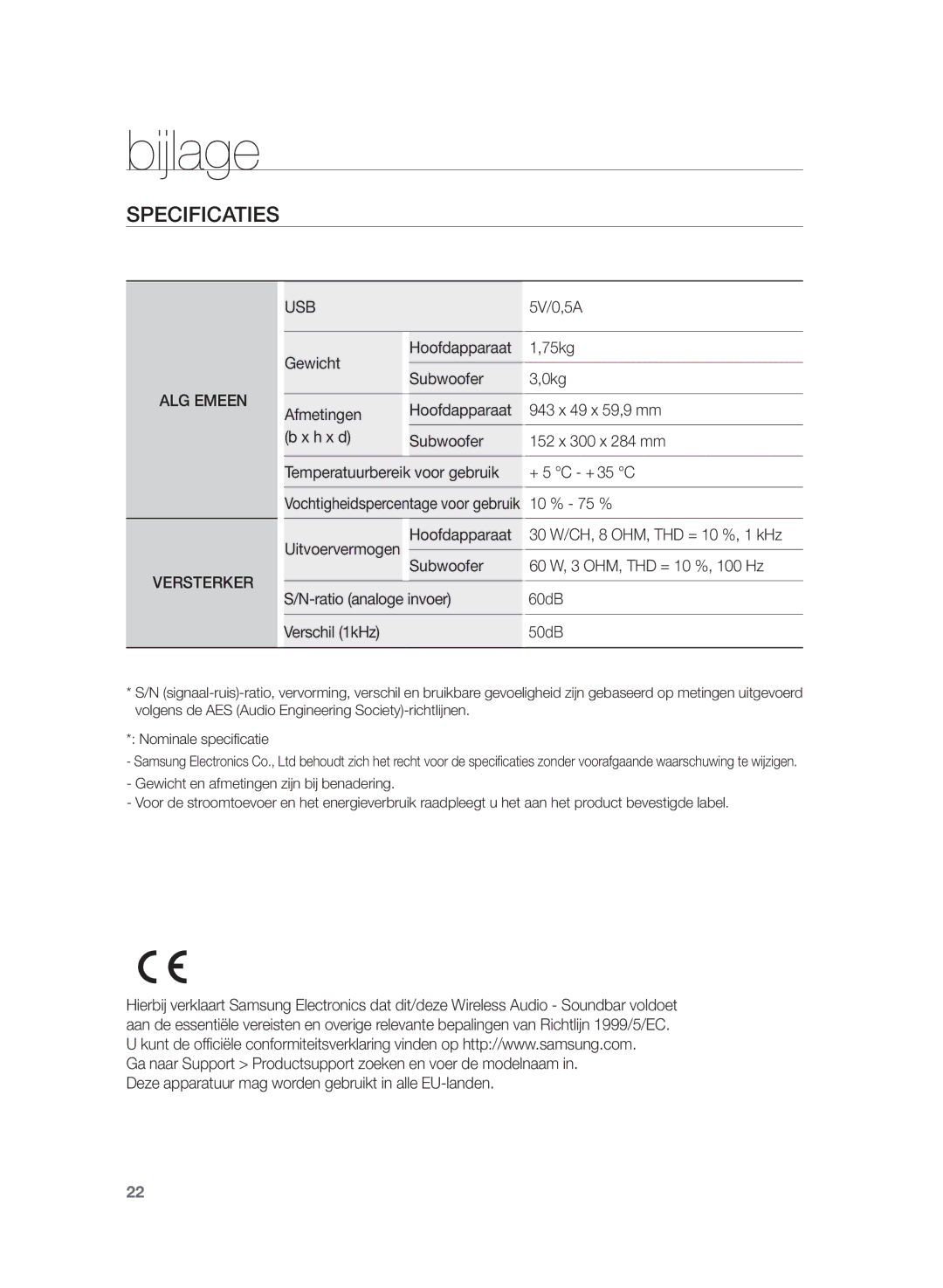 Samsung HW-H355/EN, HW-H355/XN manual Bijlage, Specificaties 