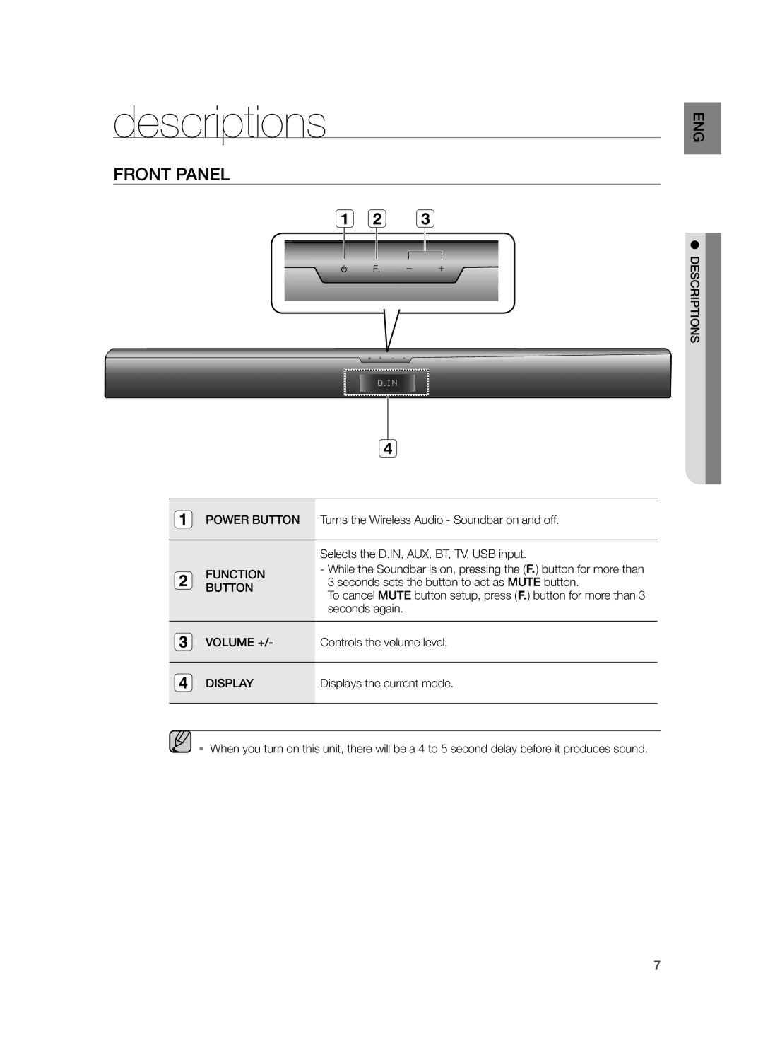 Samsung HW-H355/XN, HW-H355/EN manual Descriptions, Front Panel, Function Button, Volume +, Display 