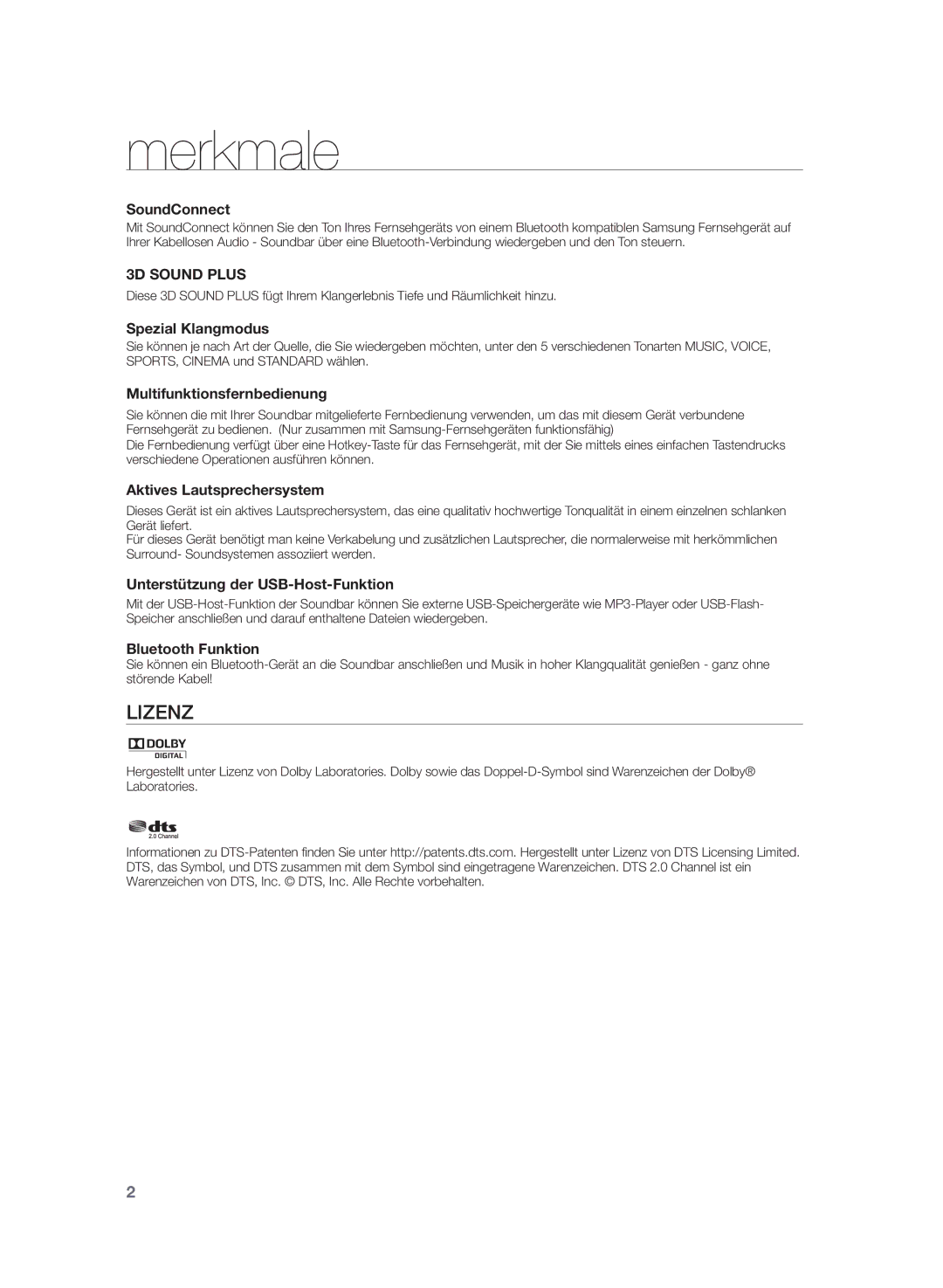 Samsung HW-H355/XN, HW-H355/EN manual Merkmale, Spezial Klangmodus 