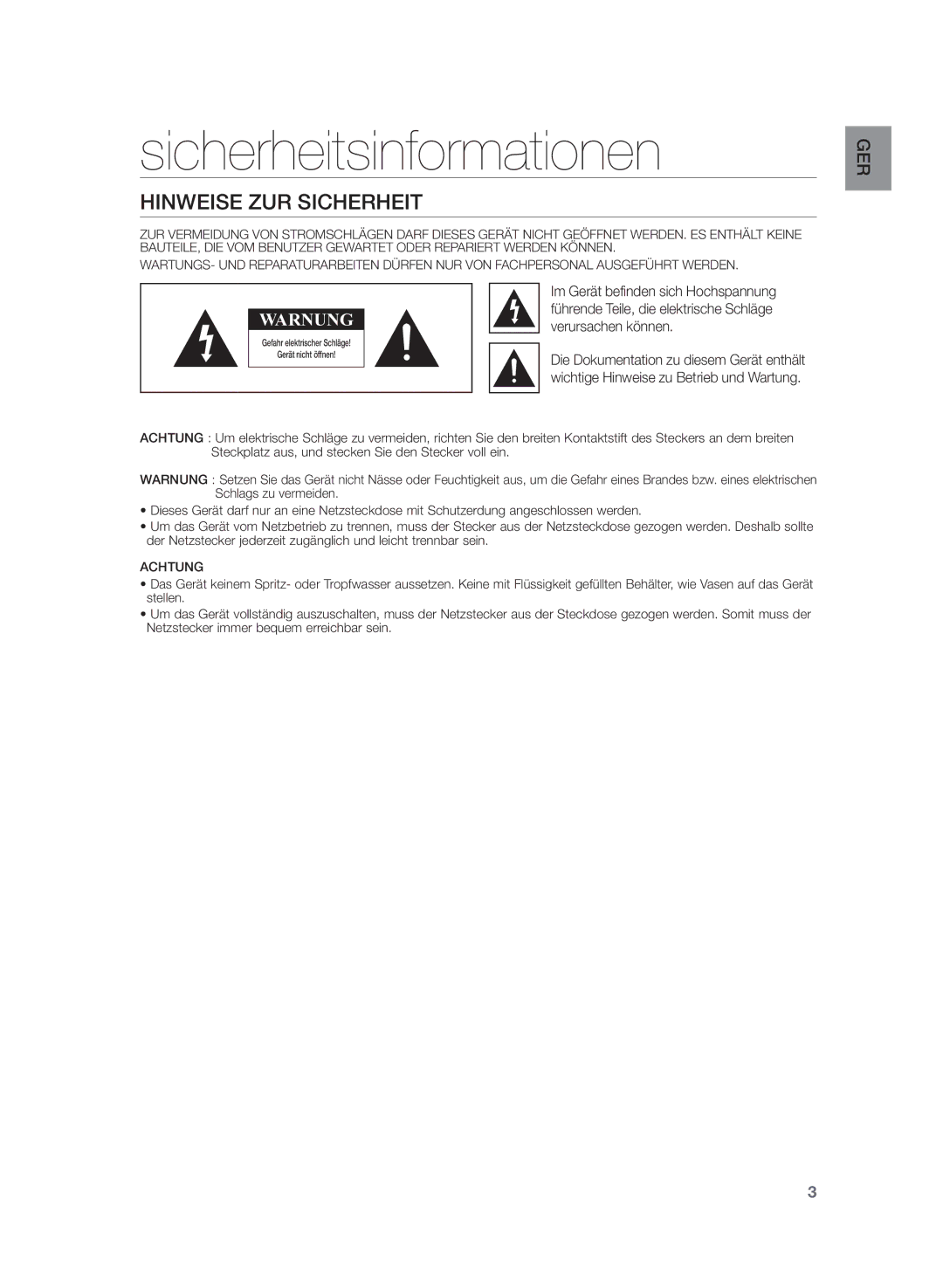 Samsung HW-H355/EN, HW-H355/XN manual Sicherheitsinformationen, Hinweise ZUR Sicherheit 