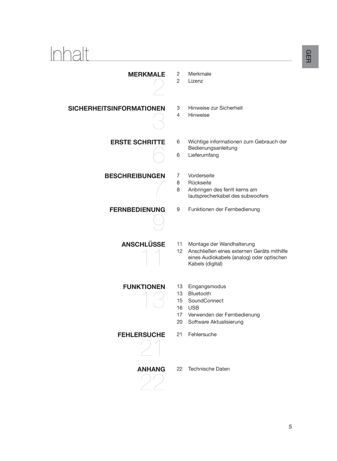 Samsung HW-H355/EN, HW-H355/XN manual Inhalt, Anschlüsse Funktionen Fehlersuche Anhang 