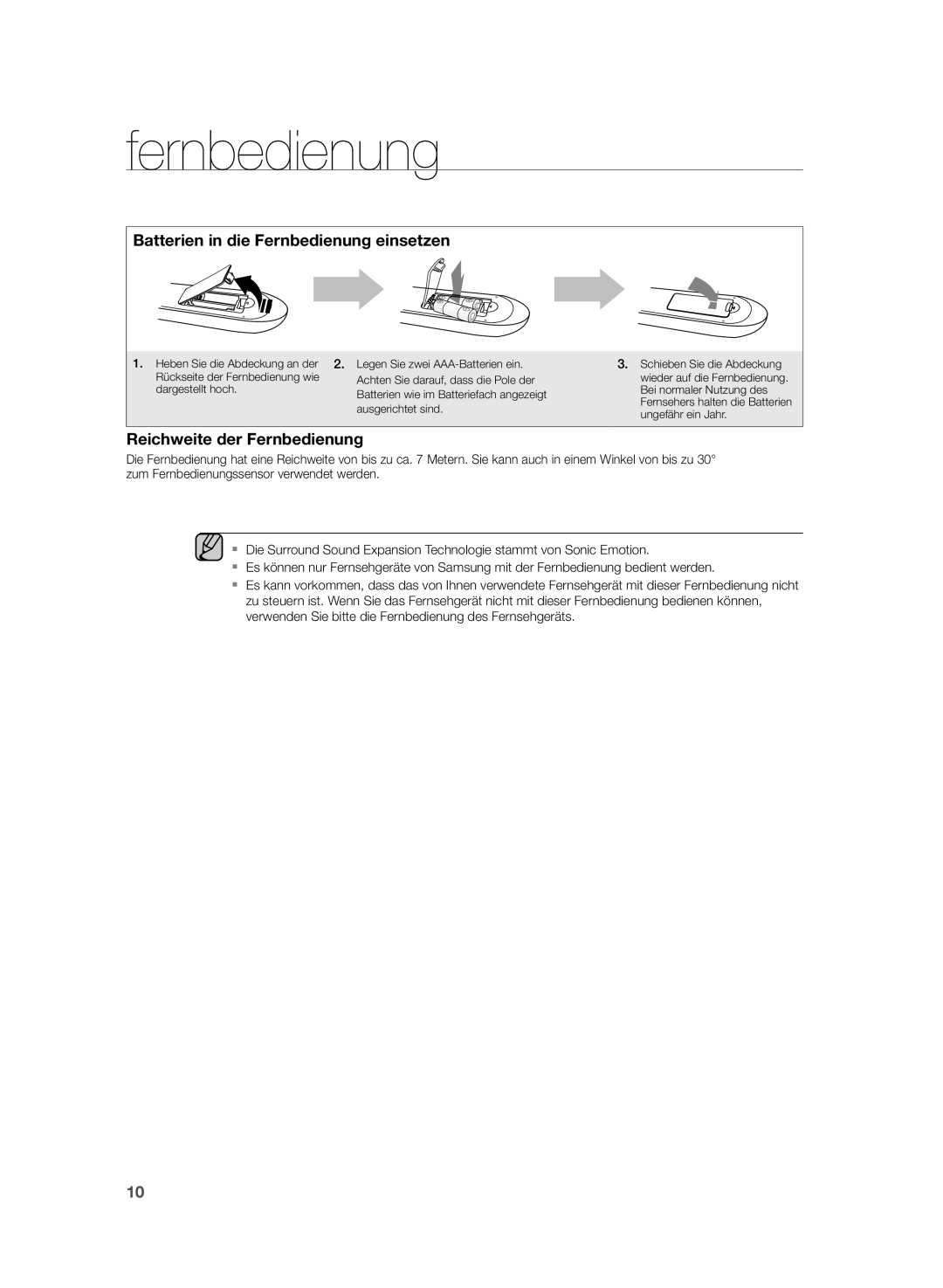 Samsung HW-H355/XN, HW-H355/EN manual Batterien in die Fernbedienung einsetzen 