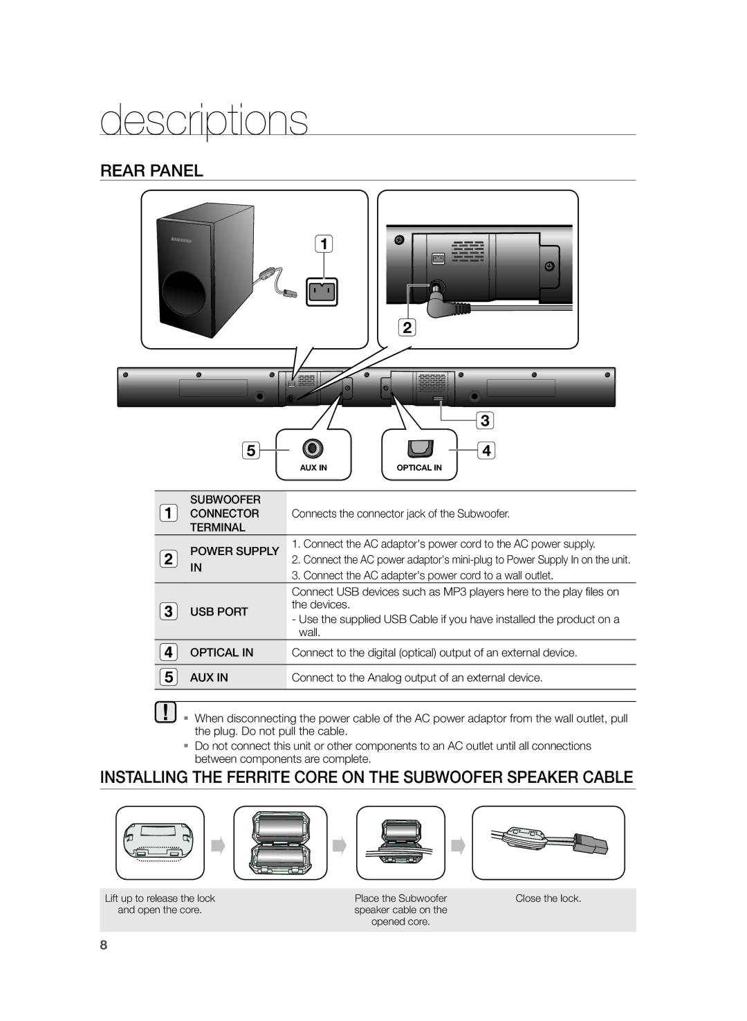 Samsung HW-H355/EN, HW-H355/XN manual Rear Panel, Installing the Ferrite Core on the Subwoofer Speaker Cable 