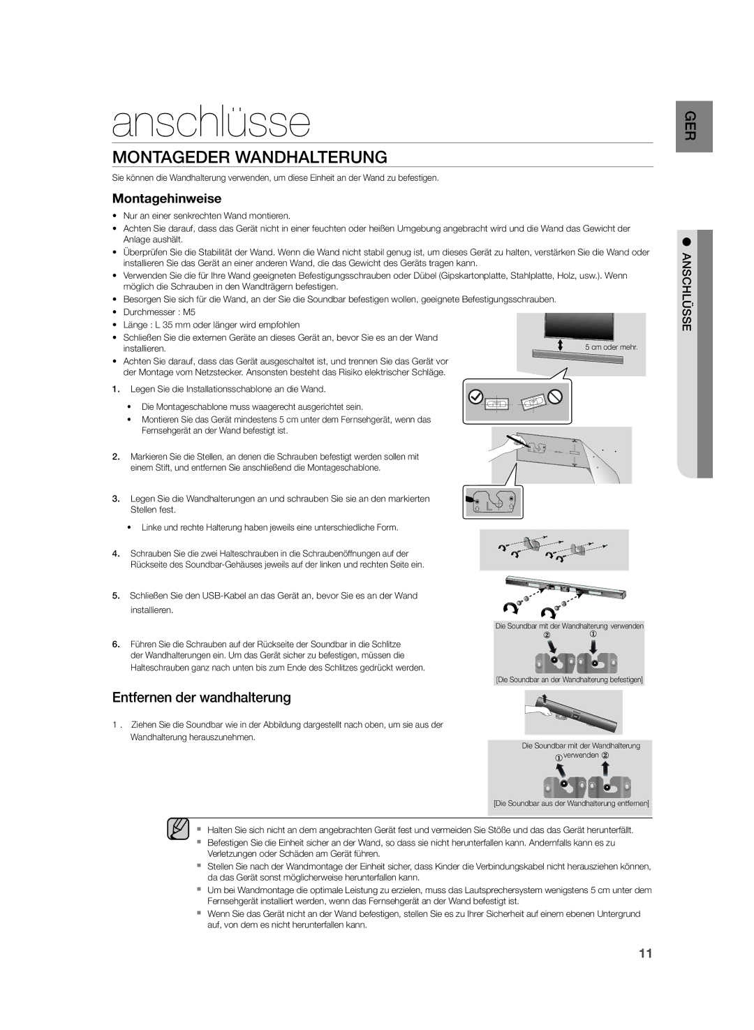 Samsung HW-H355/EN, HW-H355/XN manual Anschlüsse, Montageder Wandhalterung 