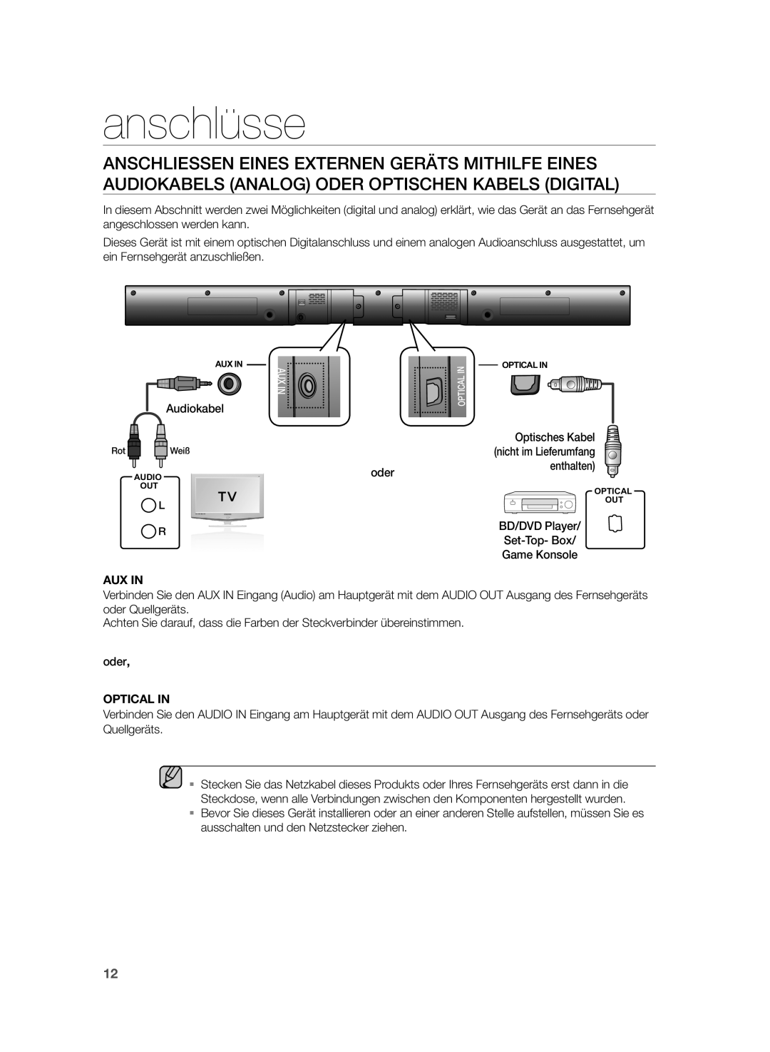 Samsung HW-H355/XN, HW-H355/EN manual Optisches Kabel 