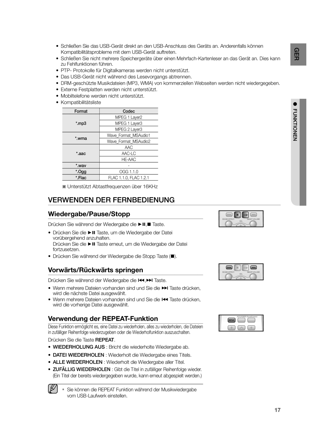 Samsung HW-H355/EN, HW-H355/XN manual Verwenden DER Fernbedienung, Wiedergabe/Pause/Stopp, Vorwärts/Rückwärts springen 