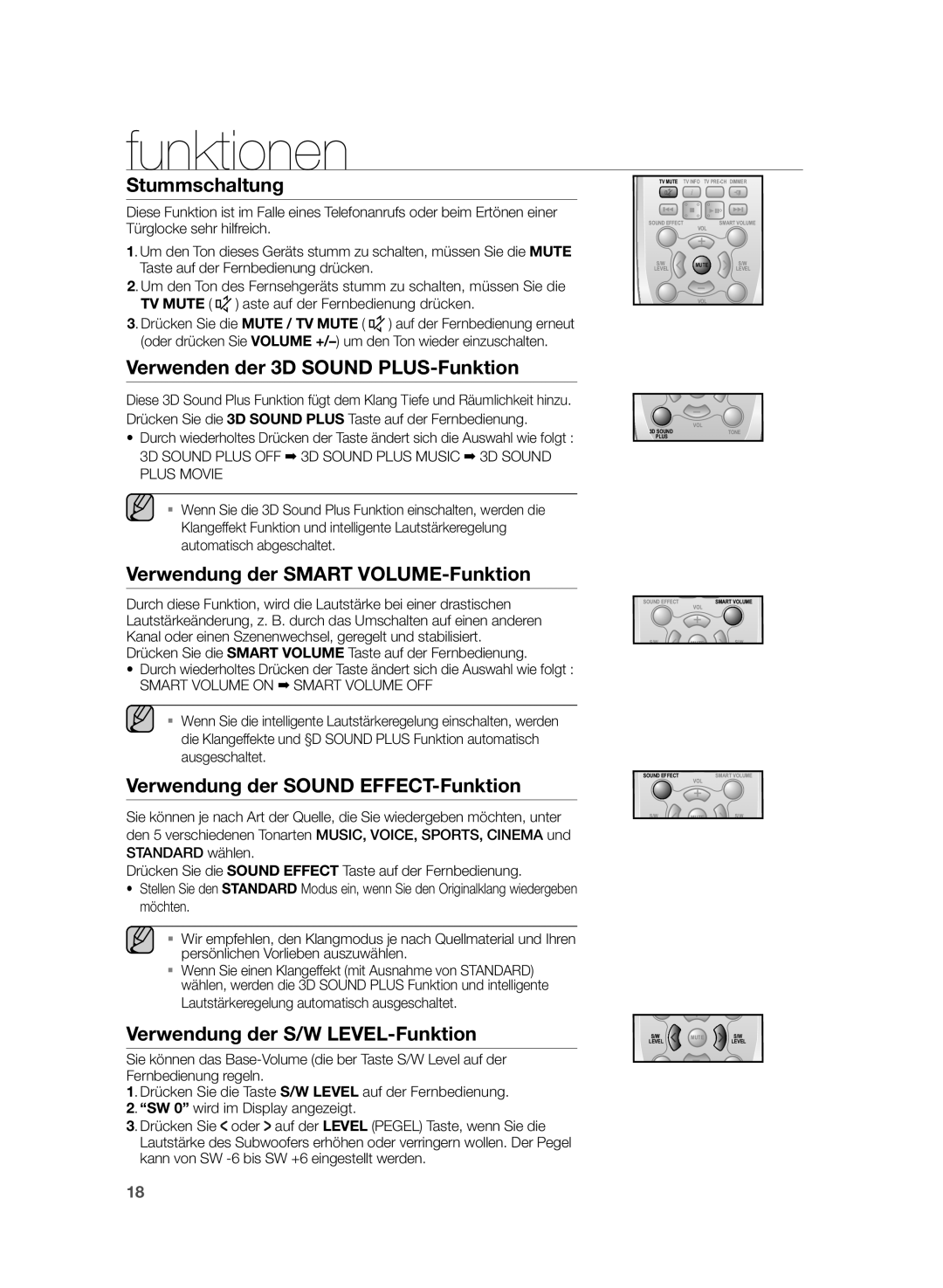 Samsung HW-H355/XN, HW-H355/EN Stummschaltung, Verwenden der 3D Sound PLUS-Funktion, Verwendung der Smart VOLUME-Funktion 