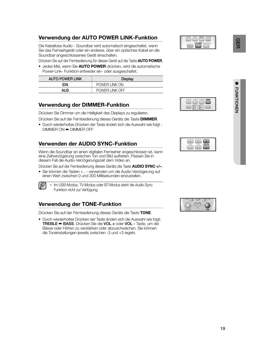 Samsung HW-H355/EN Verwendung der Auto Power LINK-Funktion, Verwendung der DIMMER-Funktion, Verwendung der TONE-Funktion 