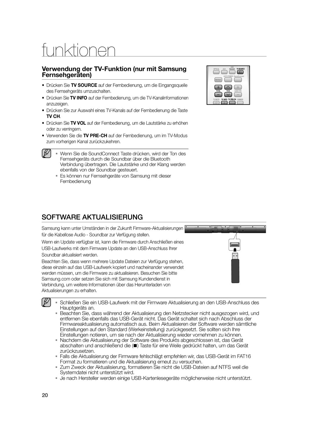 Samsung HW-H355/XN, HW-H355/EN manual Software Aktualisierung, Verwendung der TV-Funktion nur mit Samsung Fernsehgeräten 