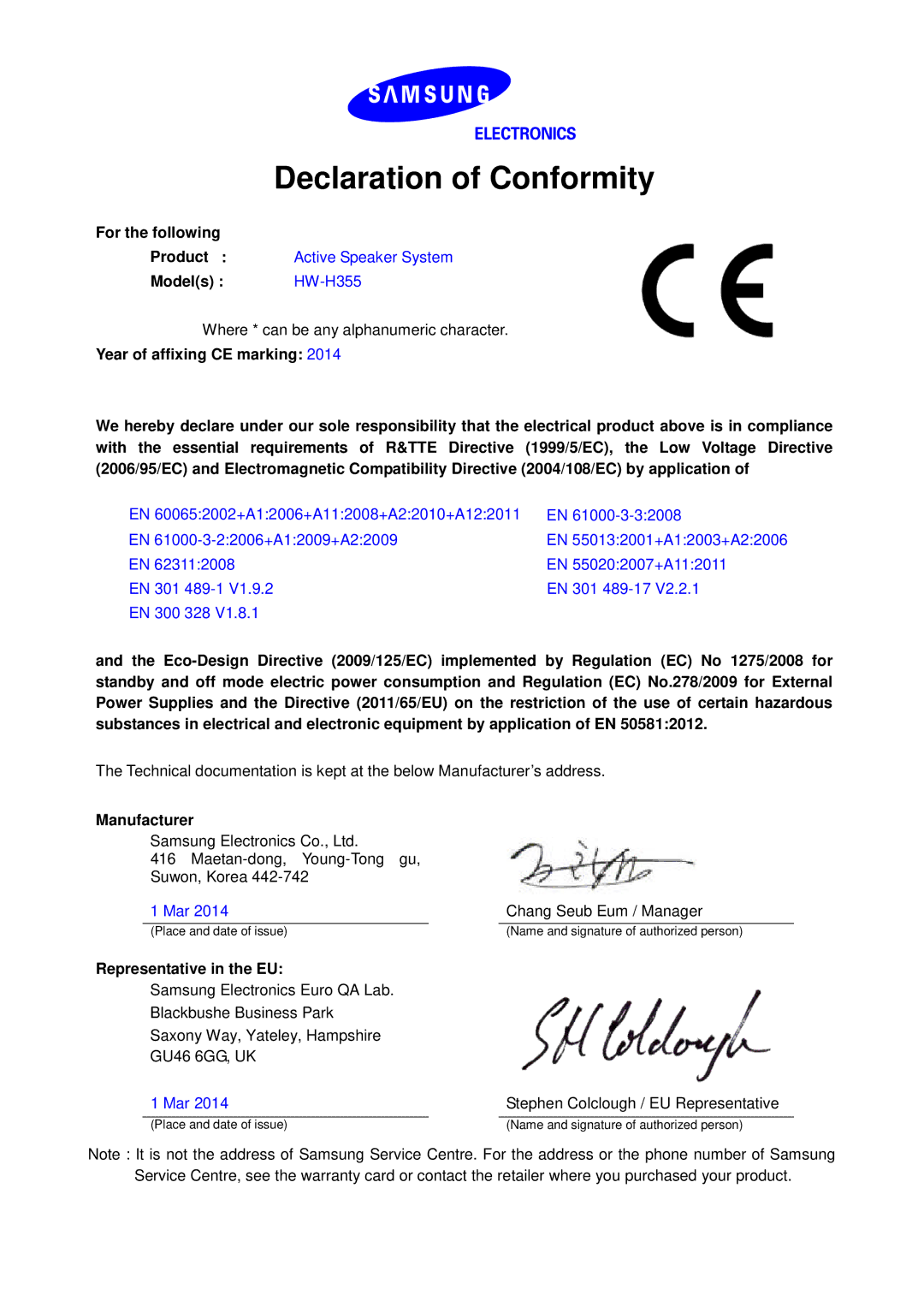 Samsung HW-H355/ZF, HW-H355/EN manual Declaration of Conformity, For the following, Models HW-H355, Manufacturer 