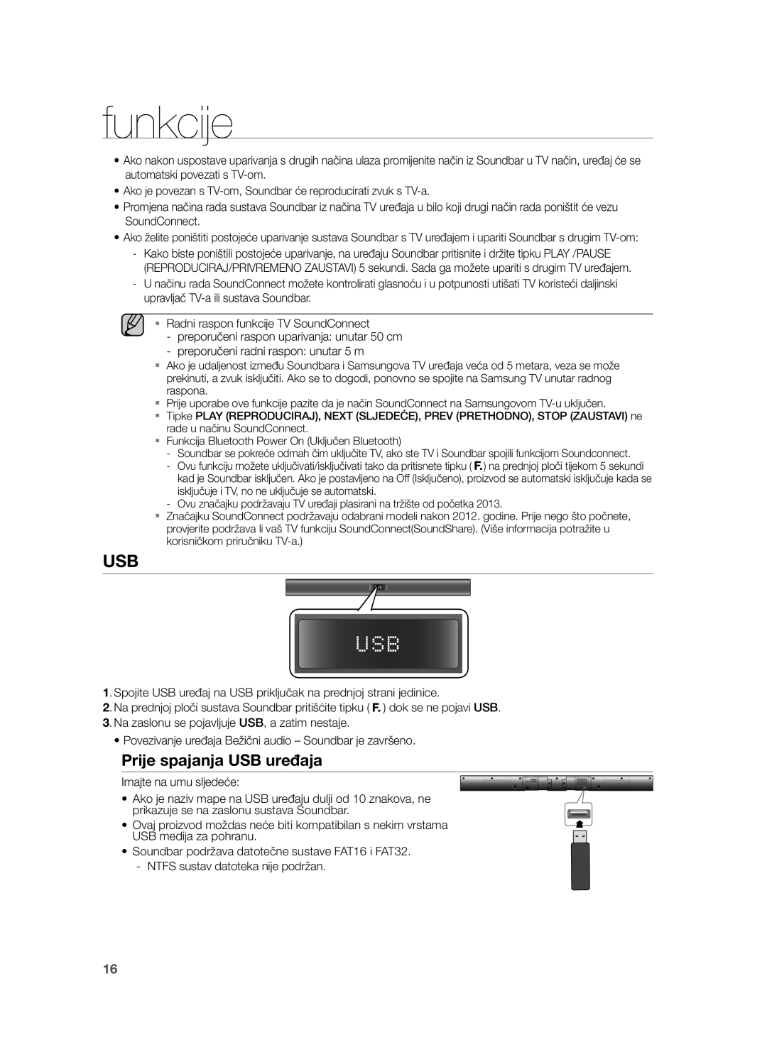 Samsung HW-H355/EN manual Prije spajanja USB uređaja, Funkcija Bluetooth Power On Uključen Bluetooth 