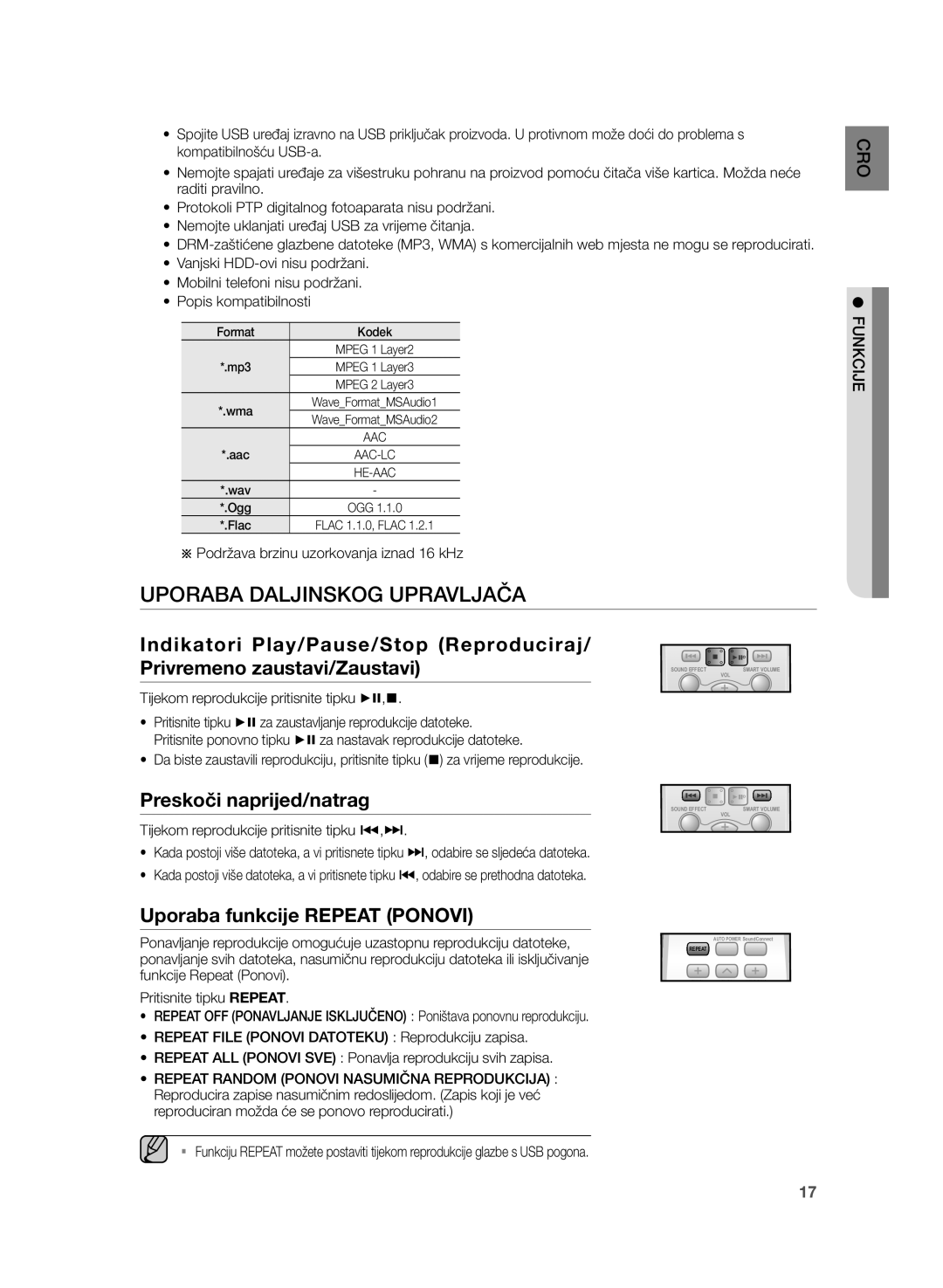 Samsung HW-H355/EN manual Uporaba Daljinskog Upravljača, Preskoči naprijed/natrag, Uporaba funkcije Repeat Ponovi 