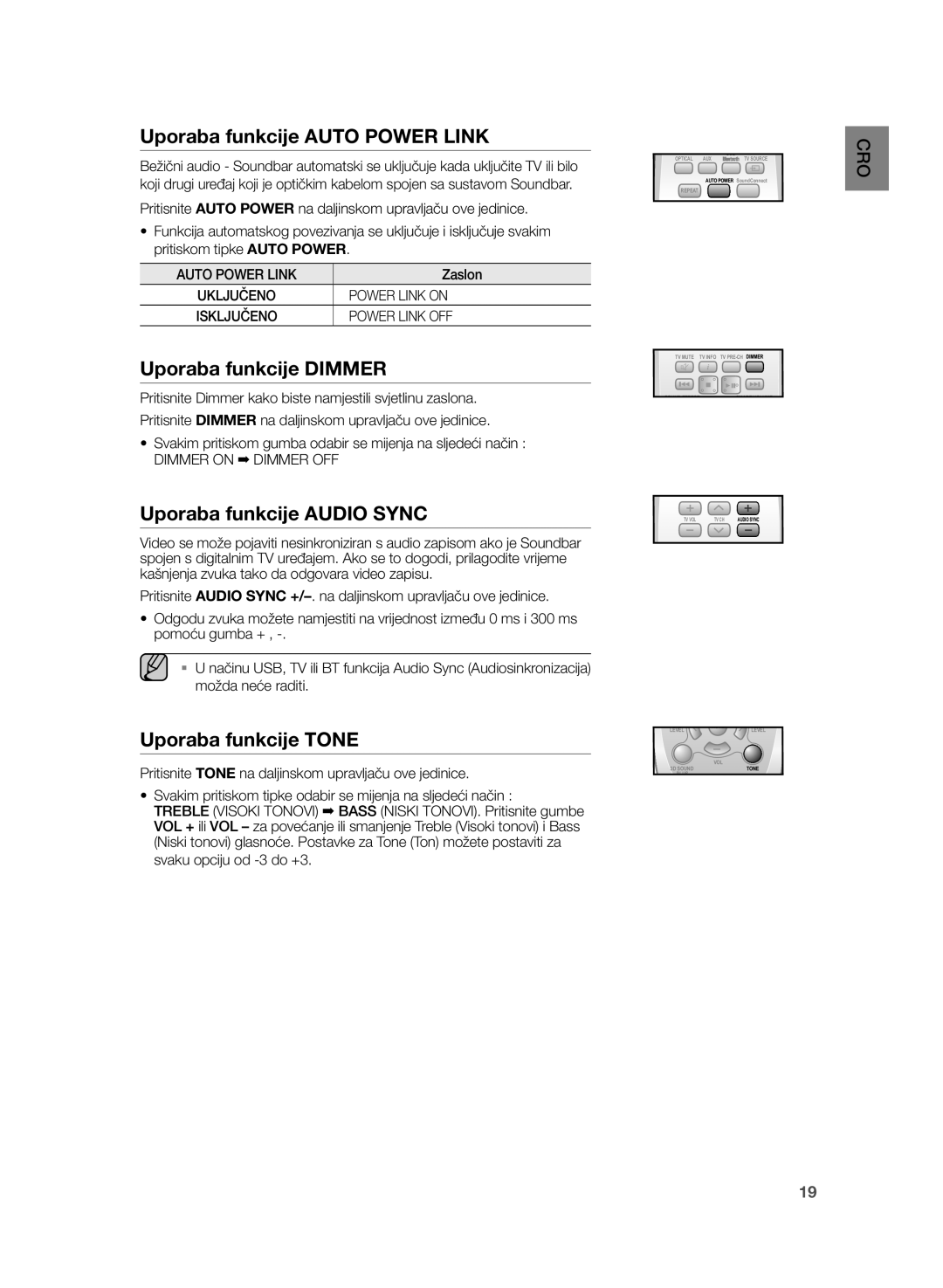 Samsung HW-H355/EN manual Uporaba funkcije Auto Power Link, Uporaba funkcije Dimmer, Uporaba funkcije Audio Sync, Zaslon 