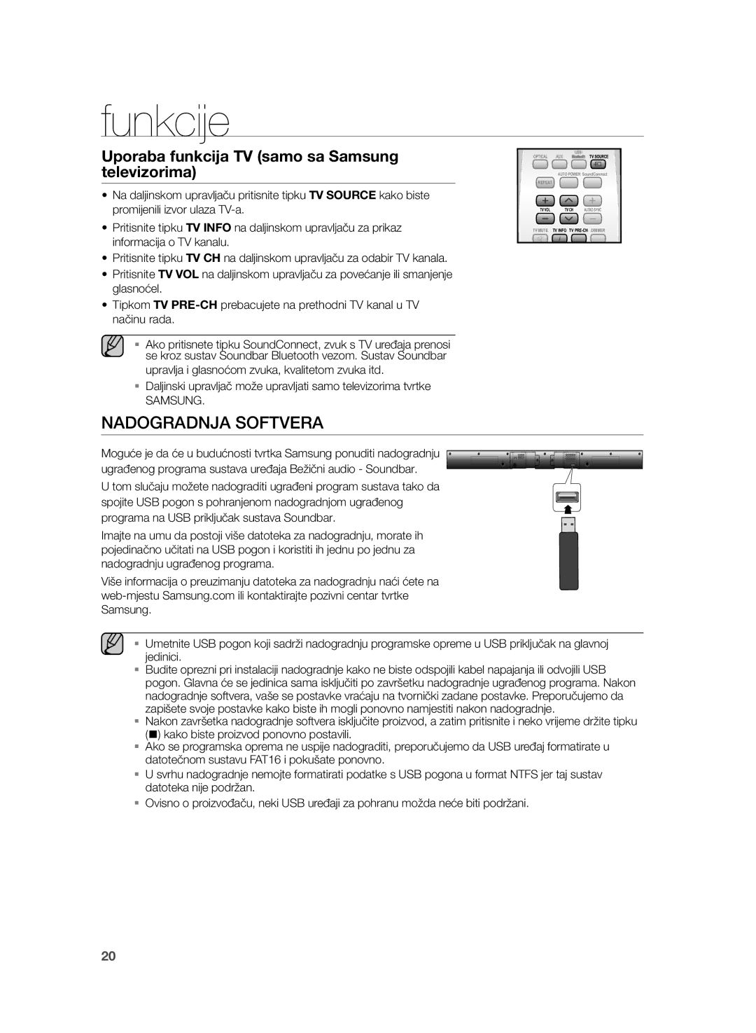 Samsung HW-H355/EN manual Nadogradnja Softvera, Uporaba funkcija TV samo sa Samsung televizorima 