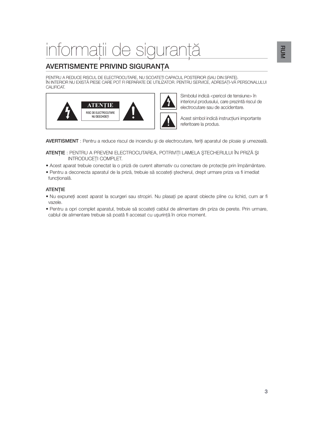 Samsung HW-H355/EN manual Informaţii de siguranţă, Avertismente Privind Siguranţa, Referitoare la produs, Atenţie 