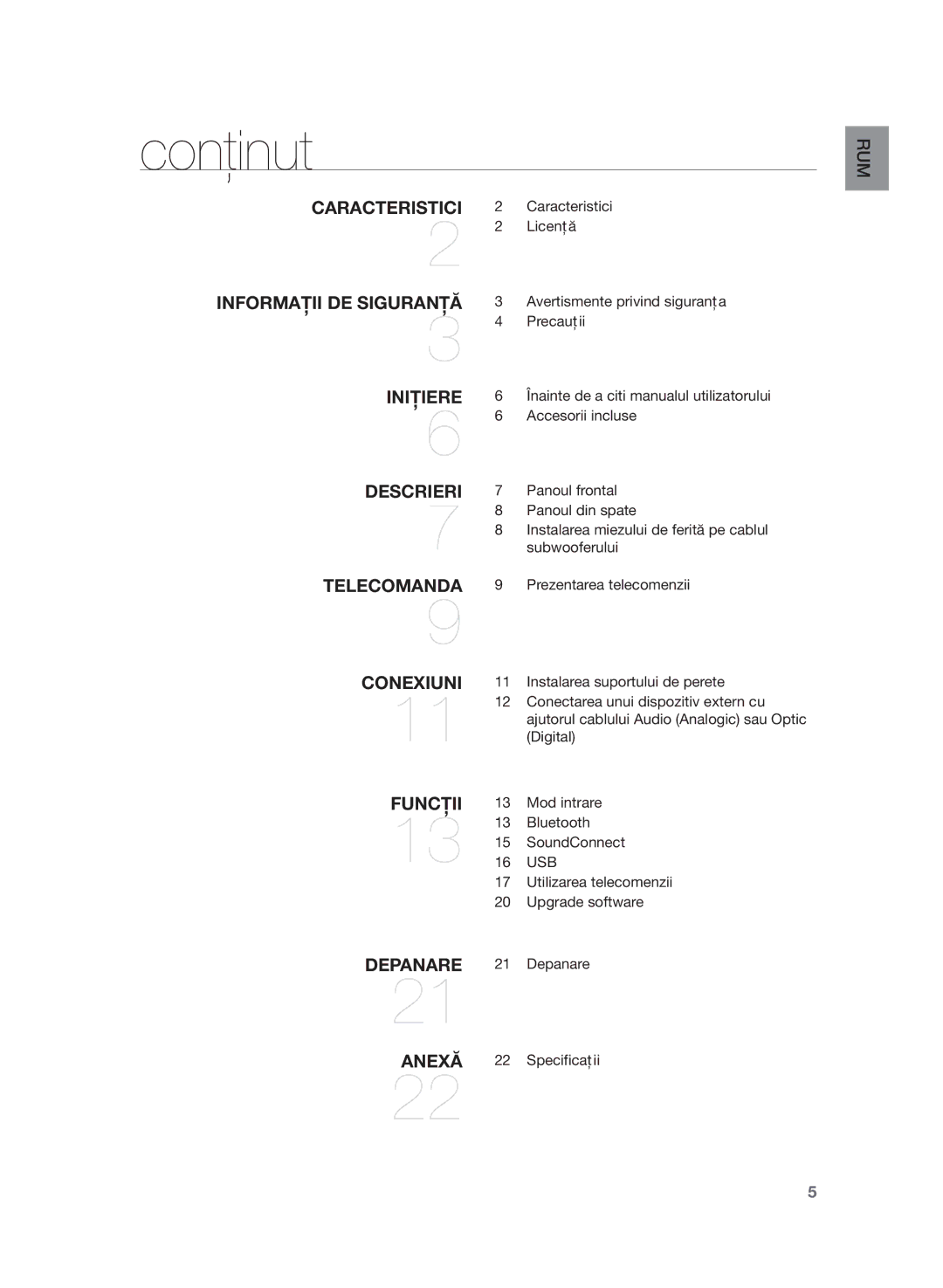 Samsung HW-H355/EN manual Conţinut, Caracteristici 2 Caracteristici Licenţă 