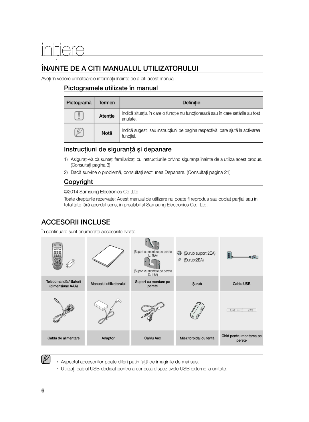 Samsung HW-H355/EN manual Iniţiere, Înainte DE a Citi Manualul Utilizatorului, Accesorii Incluse 