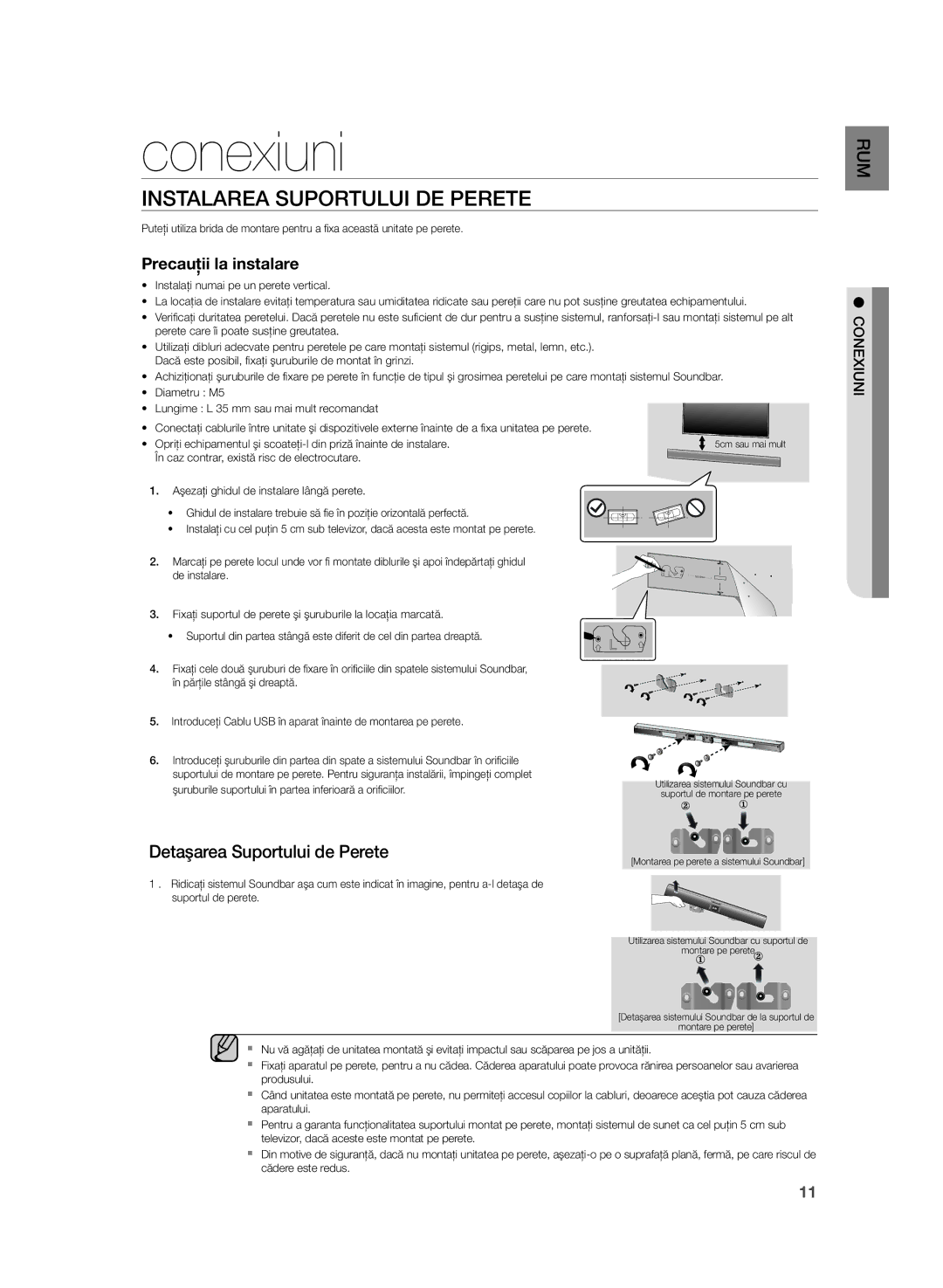 Samsung HW-H355/EN manual Conexiuni, Instalarea Suportului DE Perete 