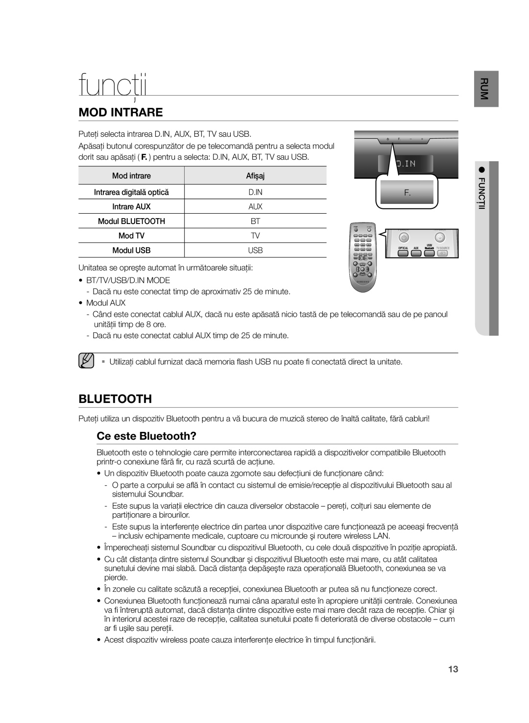 Samsung HW-H355/EN manual Funcţii, MOD Intrare, Ce este Bluetooth?, BT/TV/USB/D.IN Mode 