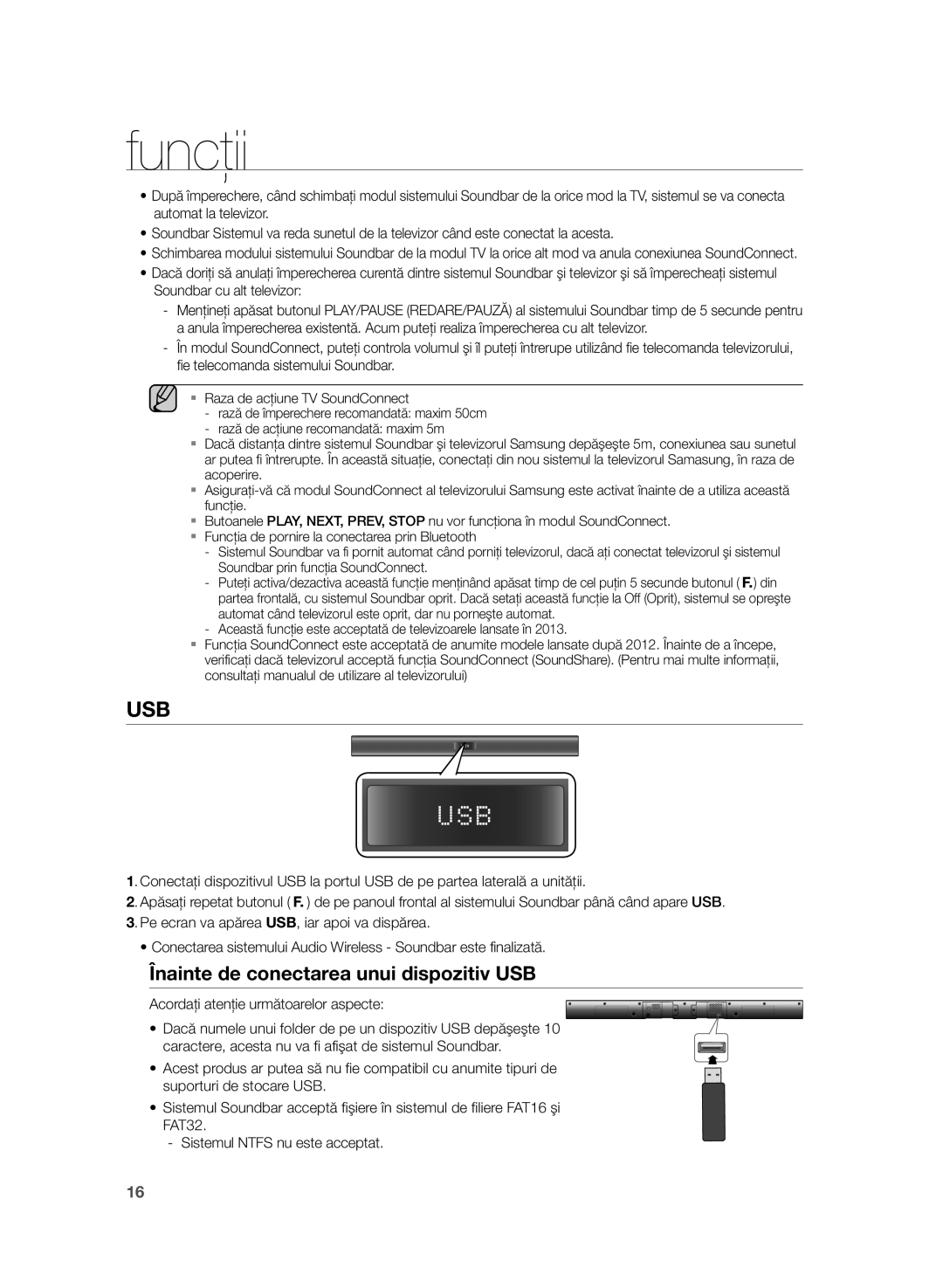 Samsung HW-H355/EN manual Usb, Înainte de conectarea unui dispozitiv USB 