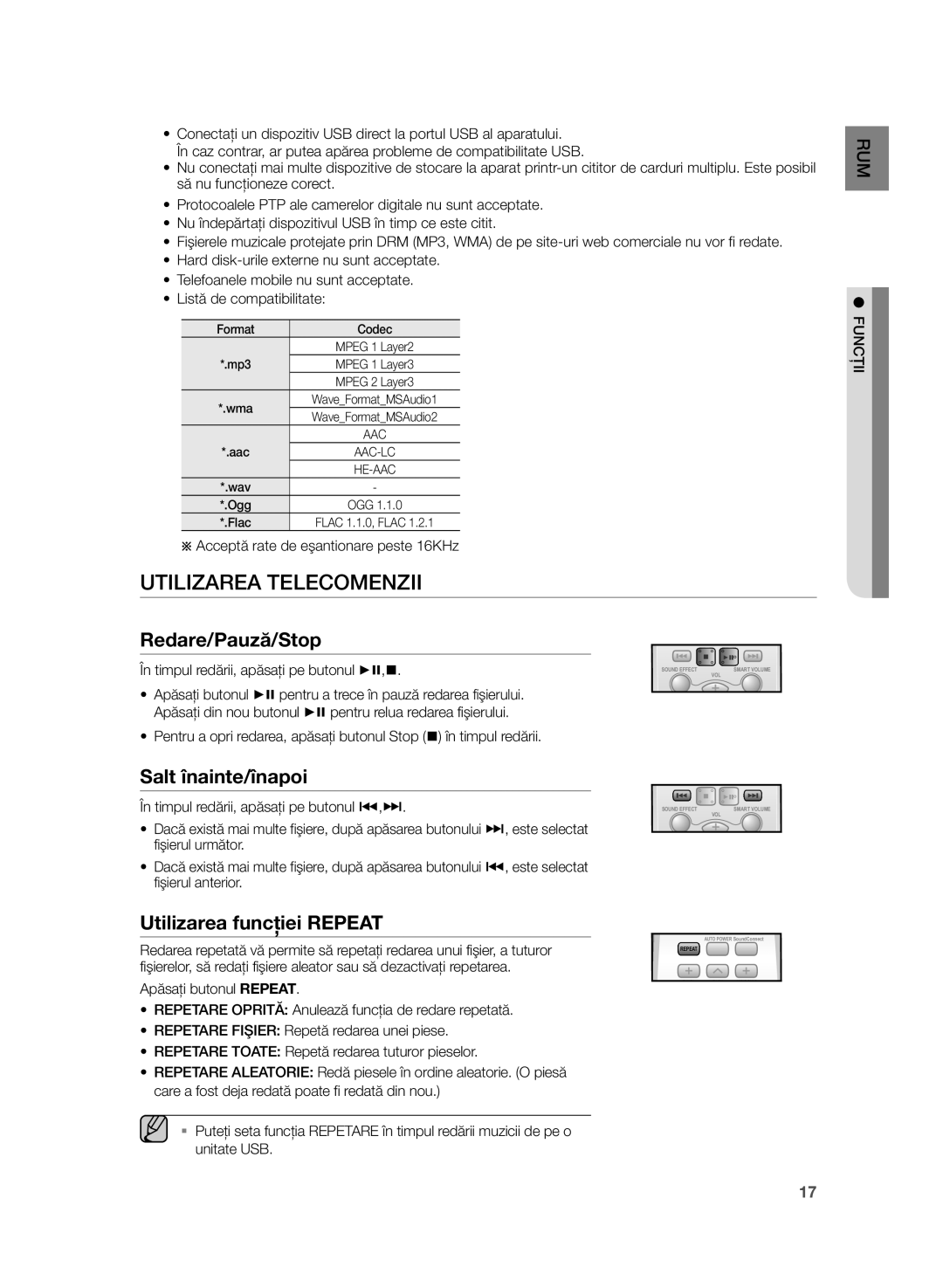 Samsung HW-H355/EN manual Utilizarea Telecomenzii, Redare/Pauză/Stop, Salt înainte/înapoi, Utilizarea funcţiei Repeat 