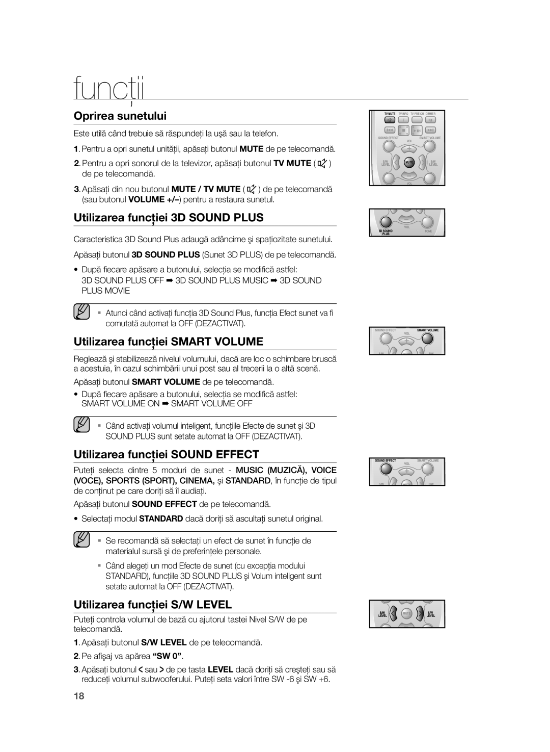 Samsung HW-H355/EN manual Oprirea sunetului, Utilizarea funcţiei 3D Sound Plus, Utilizarea funcţiei Smart Volume 