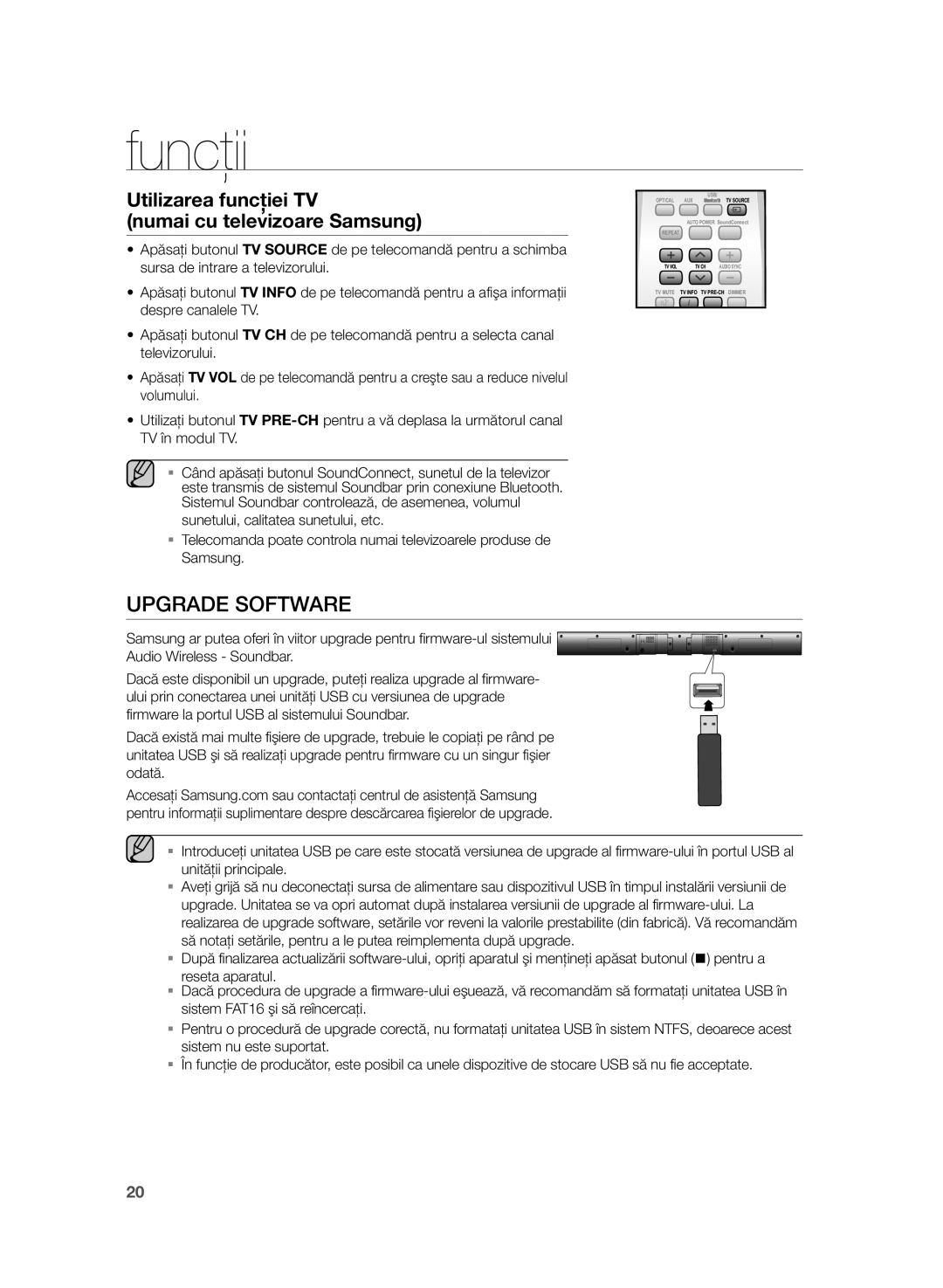 Samsung HW-H355/EN manual Upgrade Software, Utilizarea funcţiei TV Numai cu televizoare Samsung 