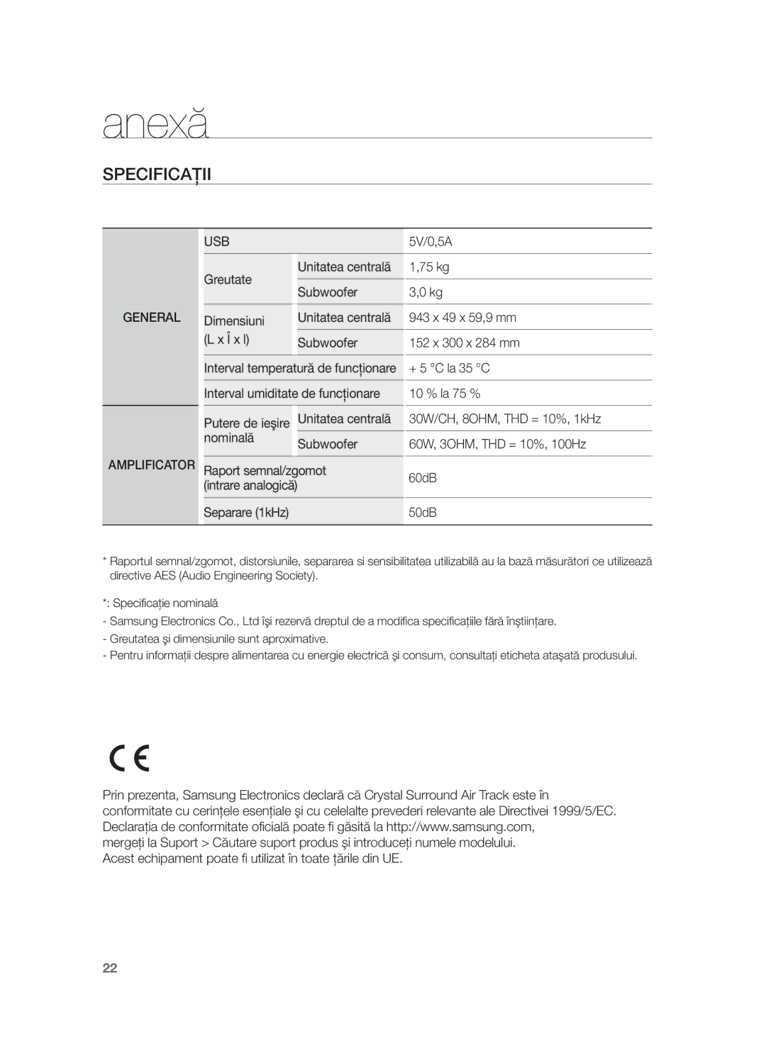 Samsung HW-H355/EN manual Anexă, Specificaţii 