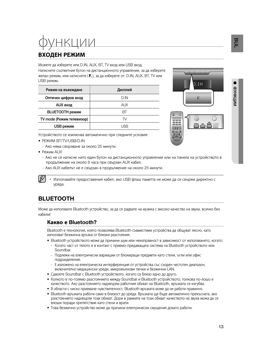 Samsung HW-H355/EN manual Функции, Входен Режим, Какво е Bluetooth?, Режим BT/TV/USB/D.IN 