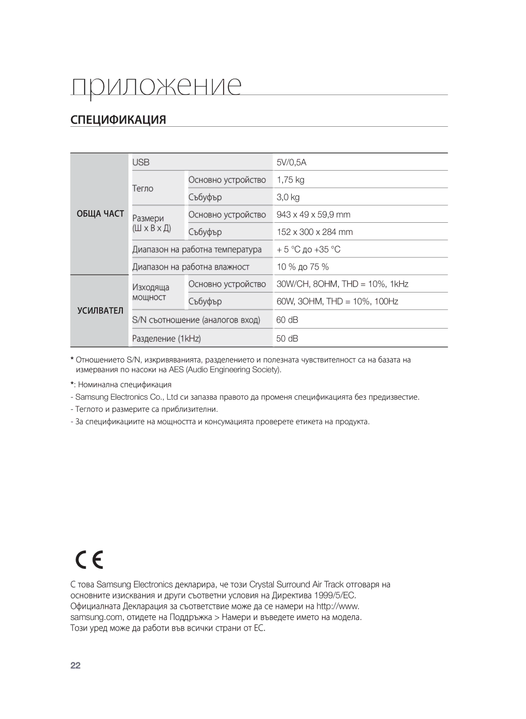 Samsung HW-H355/EN manual Приложение, Спецификация 