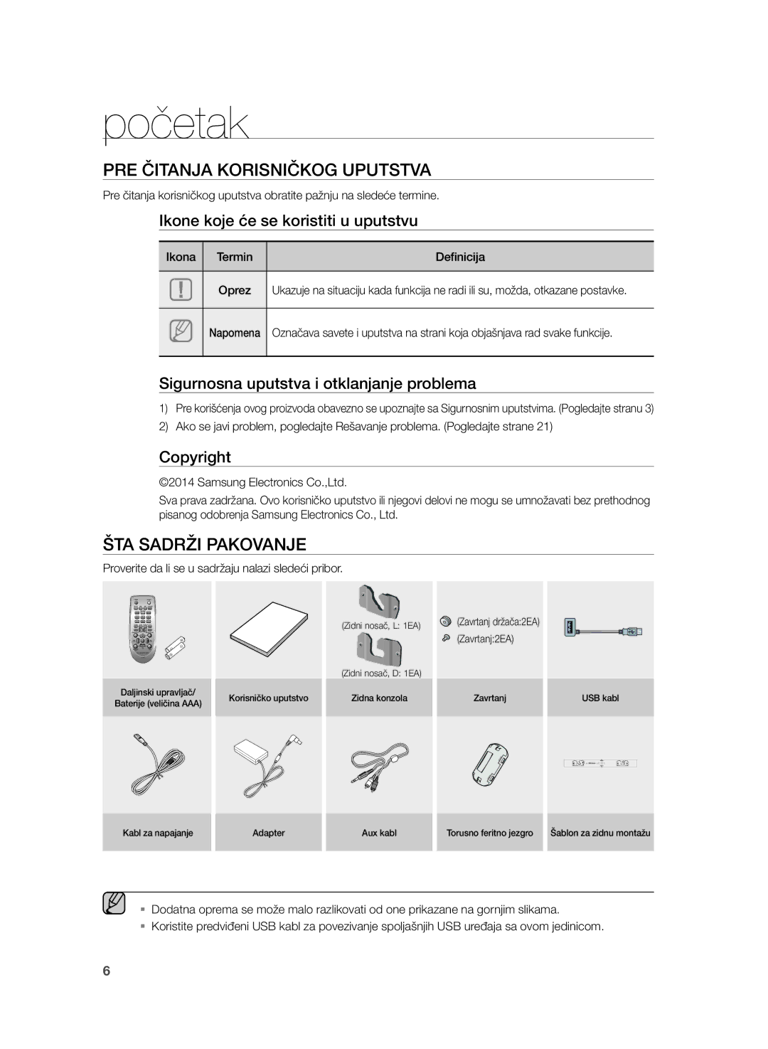 Samsung HW-H355/EN manual Početak, PRE Čitanja Korisničkog Uputstva, ŠTA Sadrži Pakovanje 