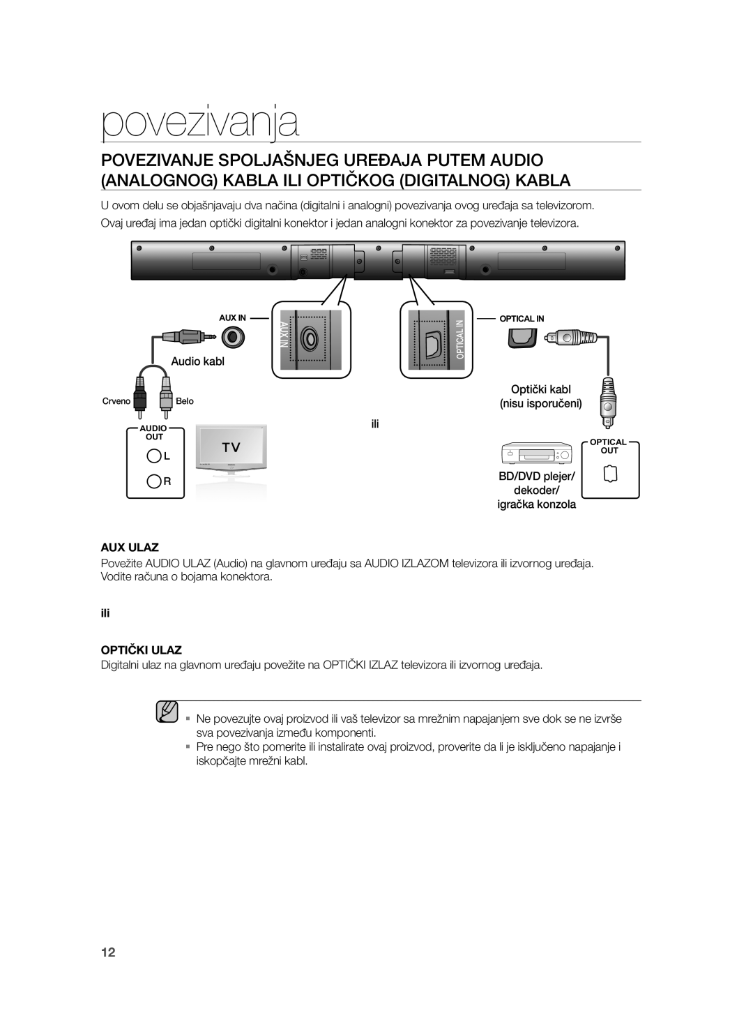 Samsung HW-H355/EN manual Audio kabl, Ili, AUX Ulaz, Optički Ulaz 