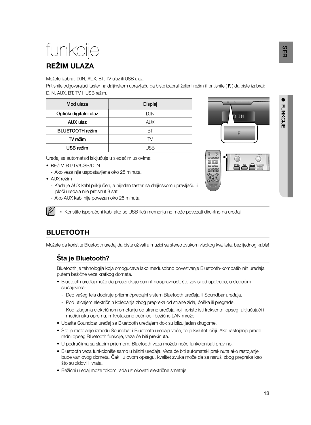 Samsung HW-H355/EN manual Funkcije, Režim Ulaza, Šta je Bluetooth?, Režim BT/TV/USB/D.IN 