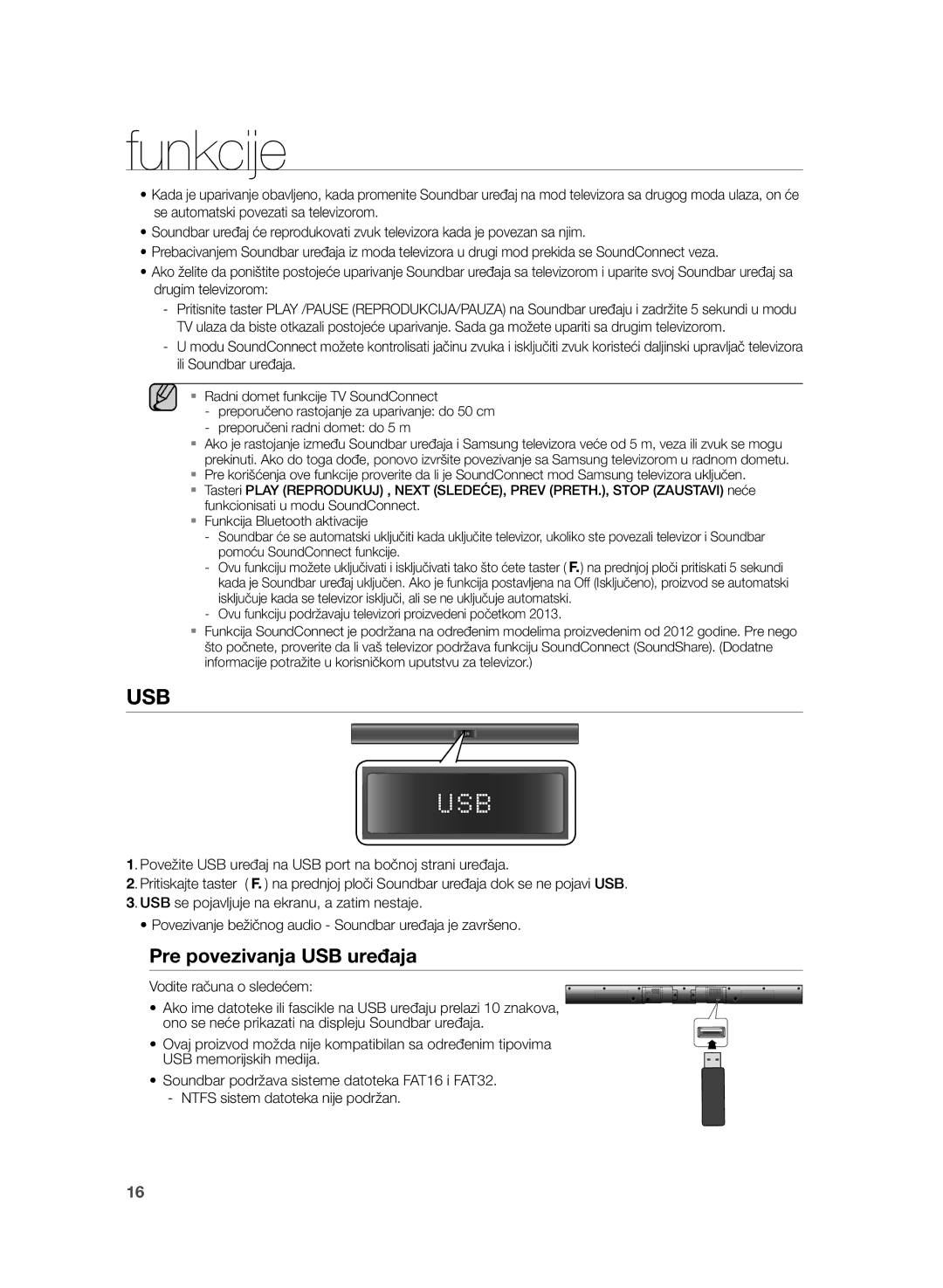 Samsung HW-H355/EN manual Pre povezivanja USB uređaja, Vodite računa o sledećem 