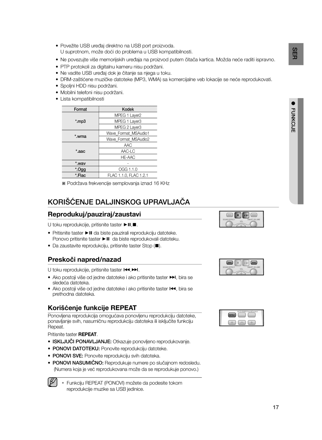 Samsung HW-H355/EN manual Korišćenje Daljinskog Upravljača, Reprodukuj/pauziraj/zaustavi, Preskoči napred/nazad 