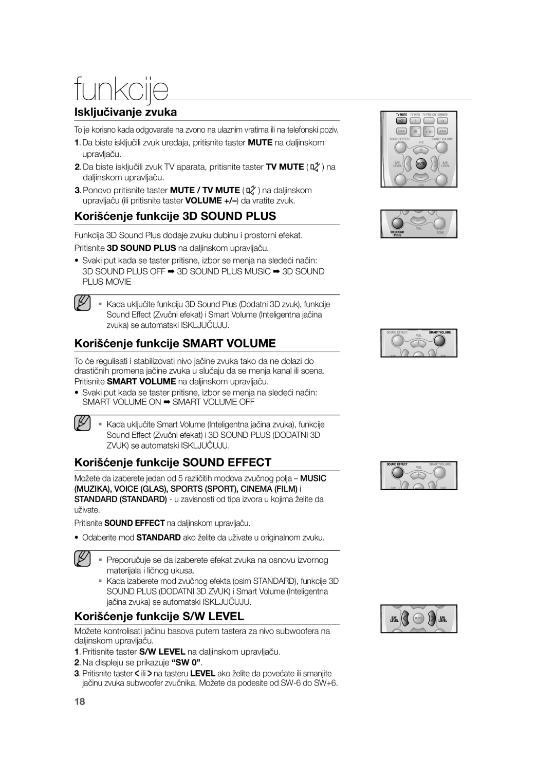 Samsung HW-H355/EN manual Isključivanje zvuka, Korišćenje funkcije 3D Sound Plus, Korišćenje funkcije Smart Volume 