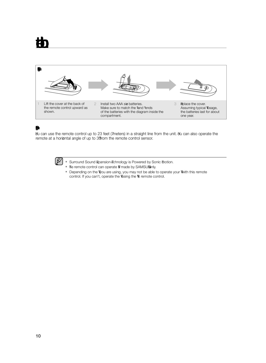 Samsung HW-H355/XE manual Installing batteries in the Remote Control, Operational Range of the Remote Control 