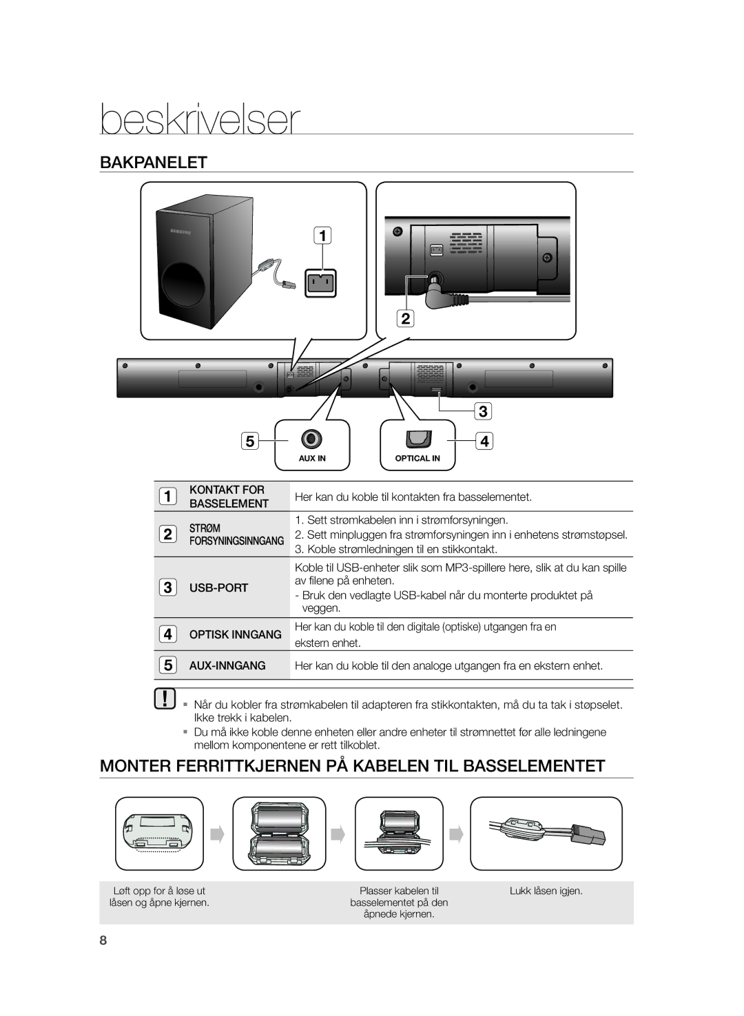 Samsung HW-H355/XE manual Bakpanelet, Monter Ferrittkjernen PÅ Kabelen TIL Basselementet 
