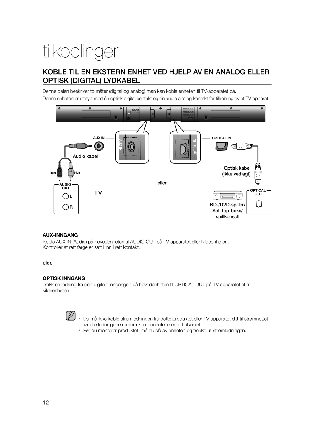 Samsung HW-H355/XE manual Ikke vedlagt, Aux-Inngang 