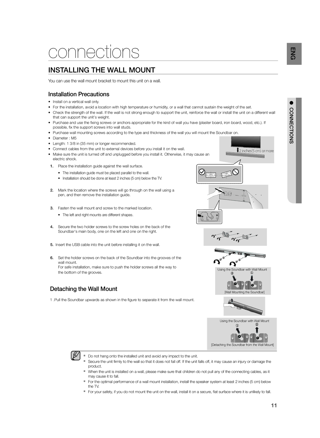 Samsung HW-H355/XE manual Connections, Installing the Wall Mount 