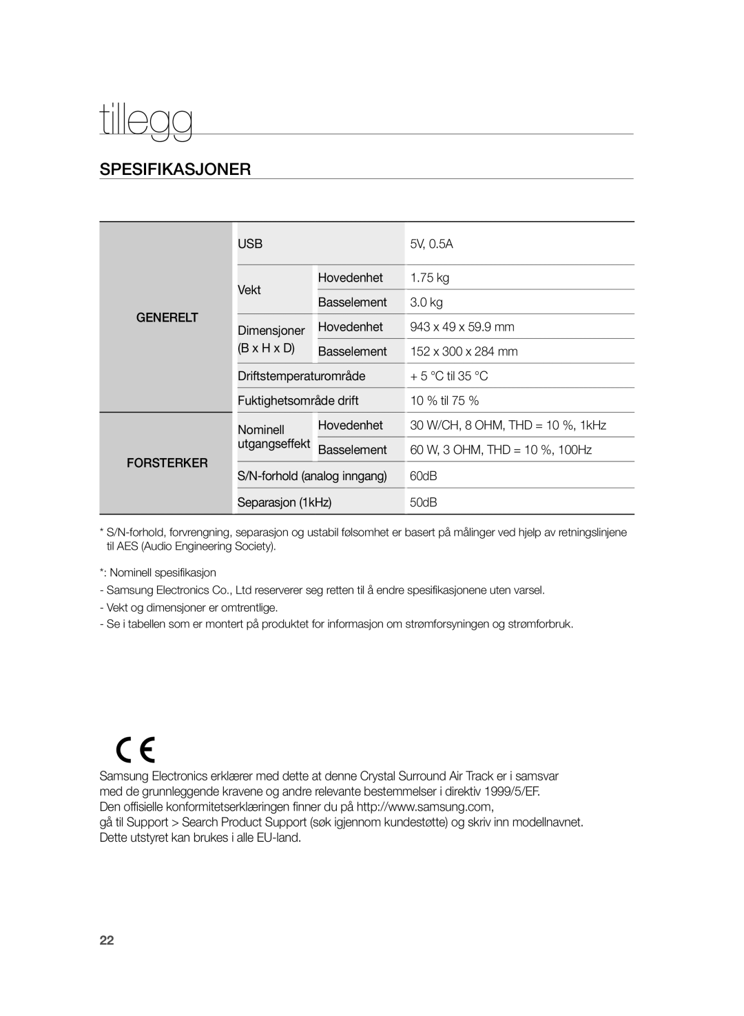 Samsung HW-H355/XE manual Tillegg, Spesifikasjoner 